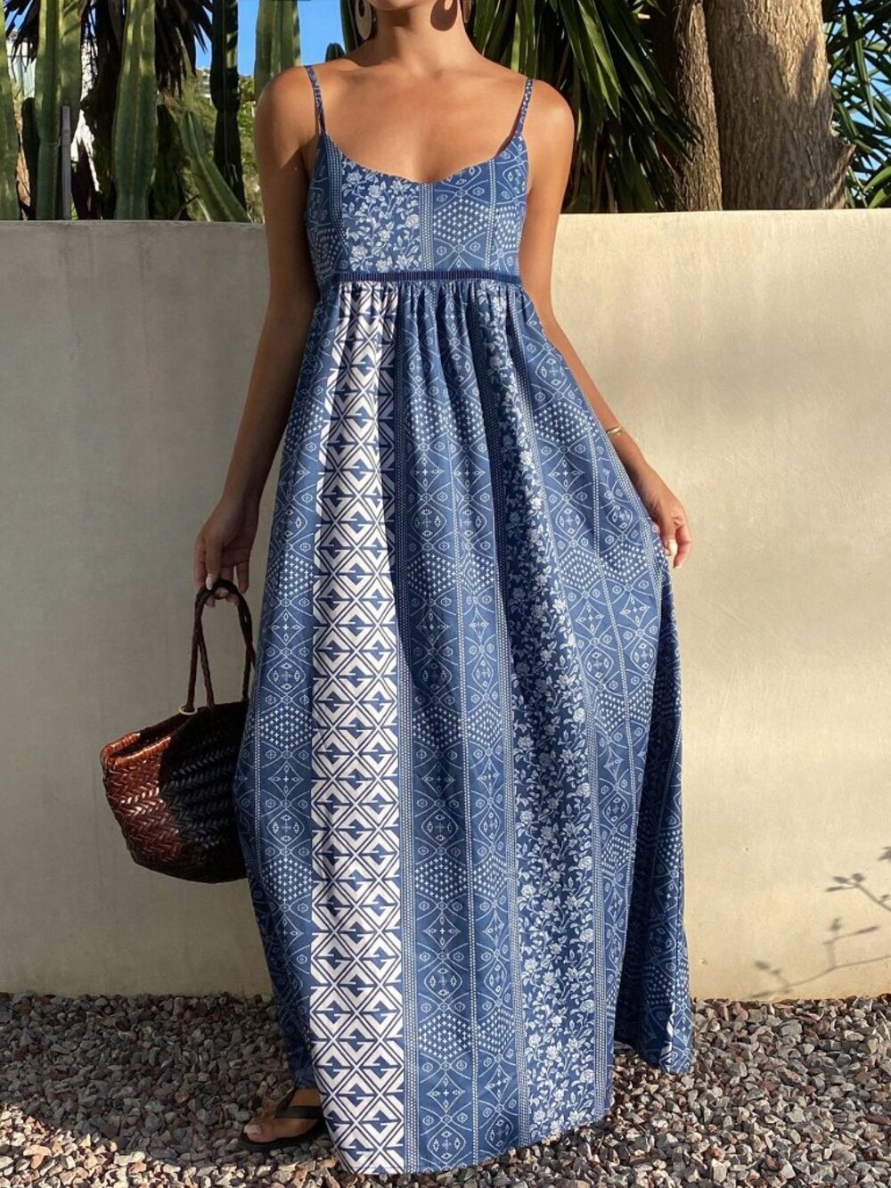 Blue Boho Women's Spaghetti Strap Waist-Cinching Printed Long Dress